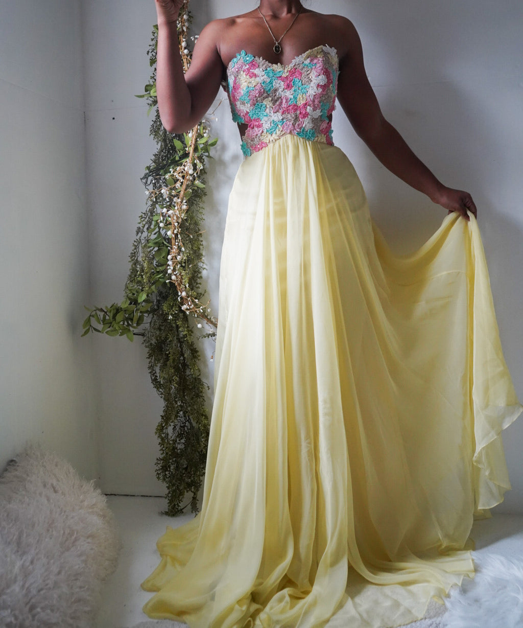 Y2K Yellow Pastel Floral Strapless Fairy Gown