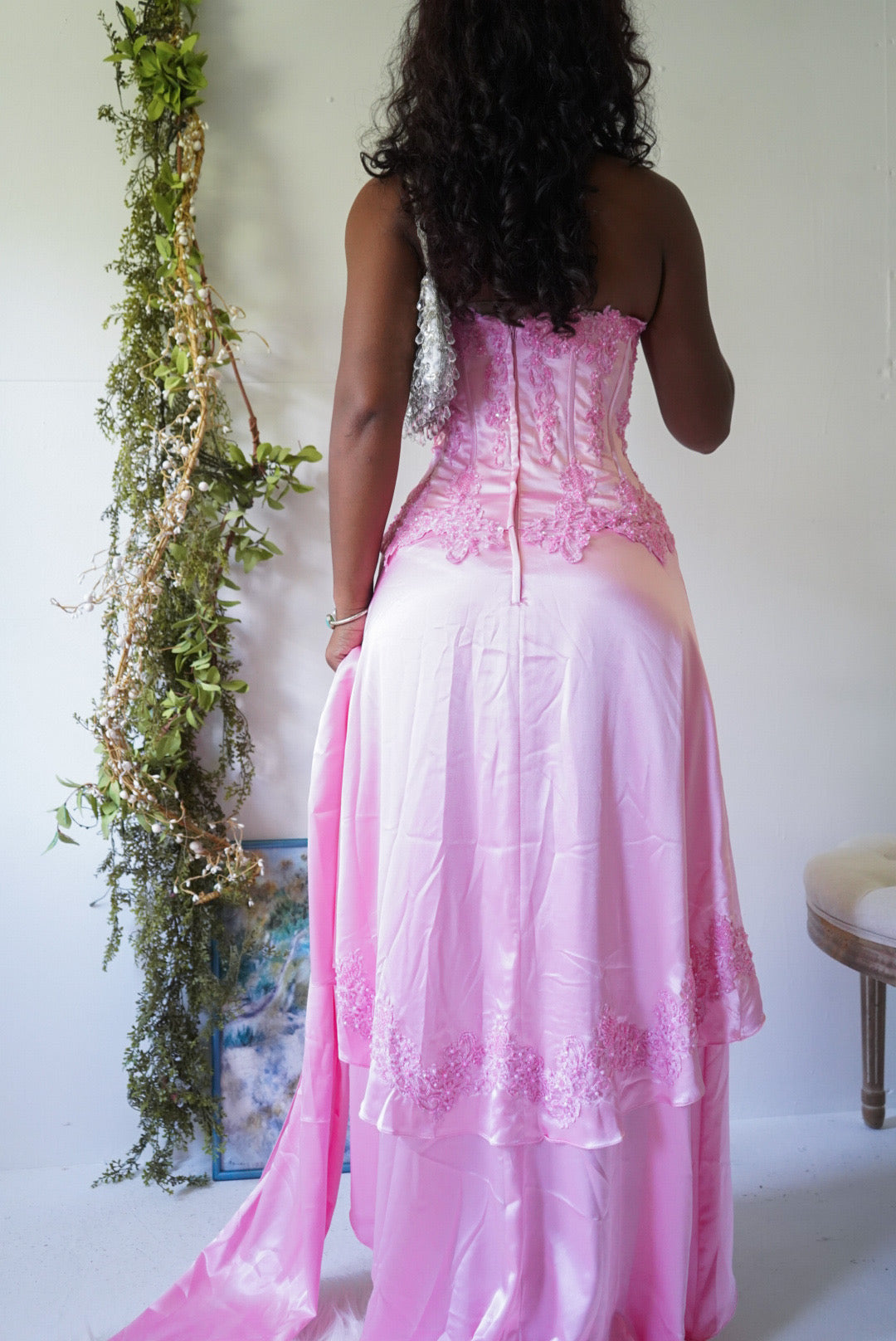 Y2K Pink Satin Beaded Corset Gown