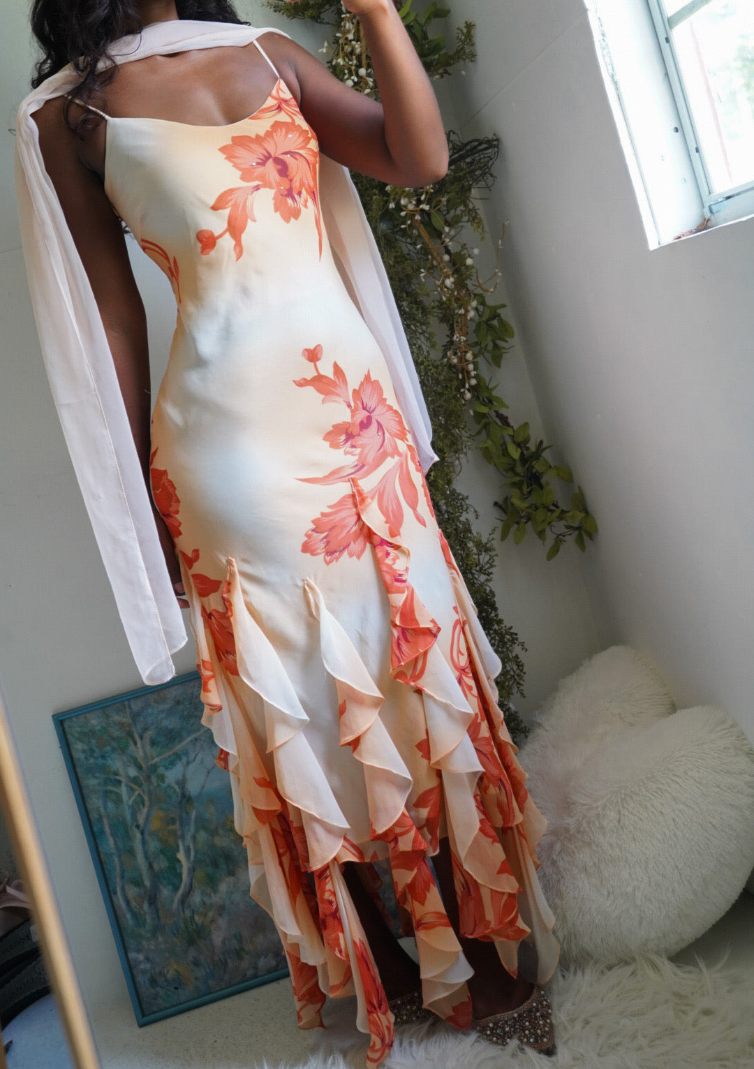 Y2K Peach and Cream Floral Ruffle Hem Fairy Gown