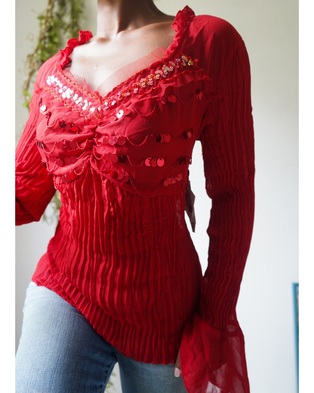 Y2K Pleat Fabric Red Bead Detail Top
