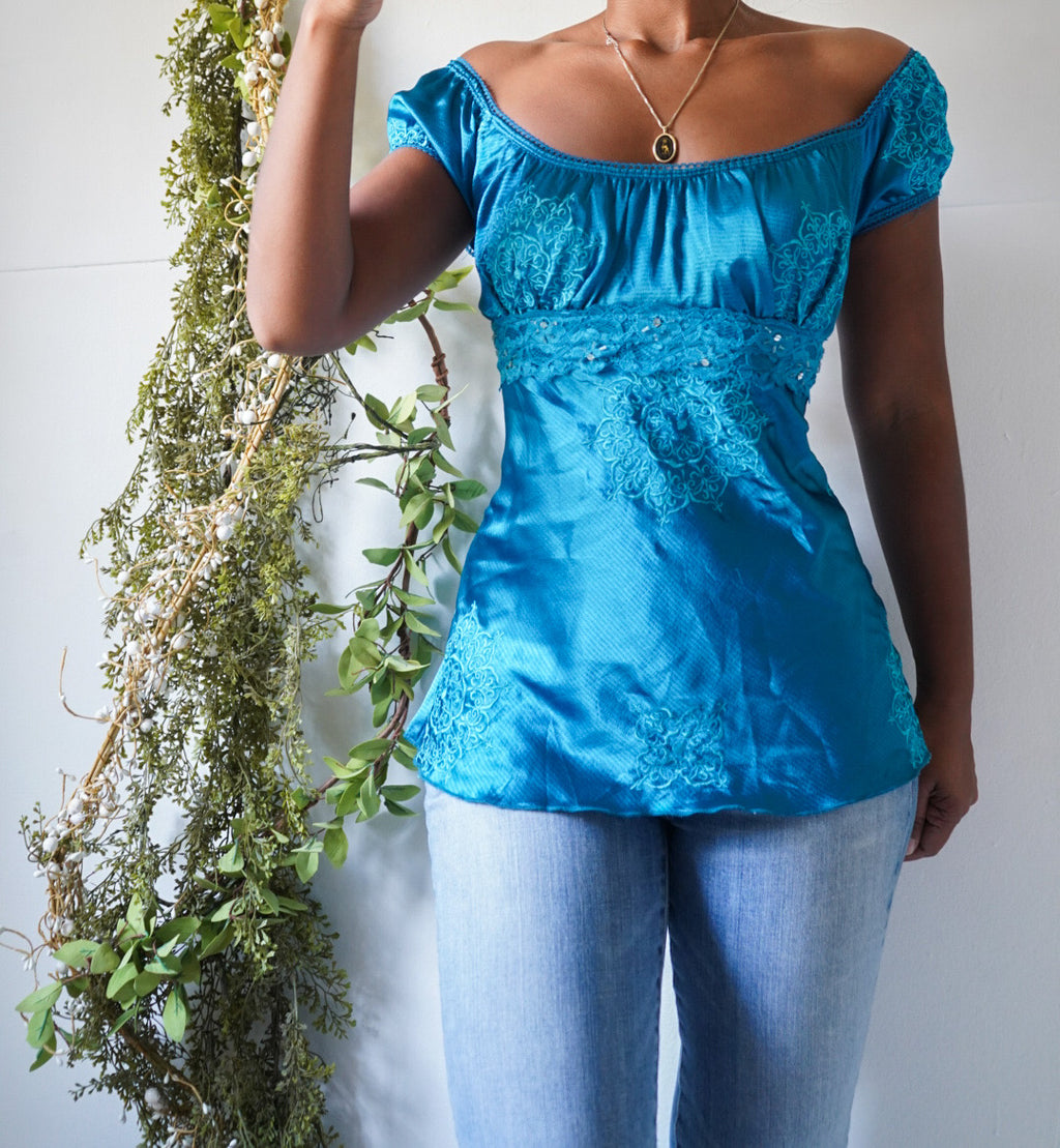 Teal Satin Milkmaid Top