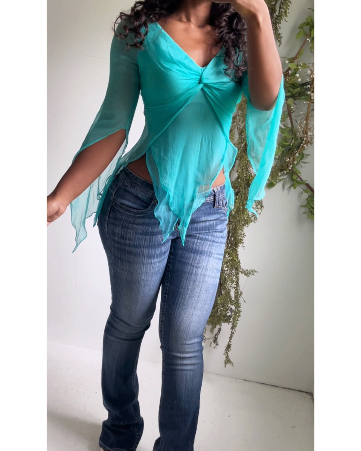Y2K Teal Chiffon Fairy Top
