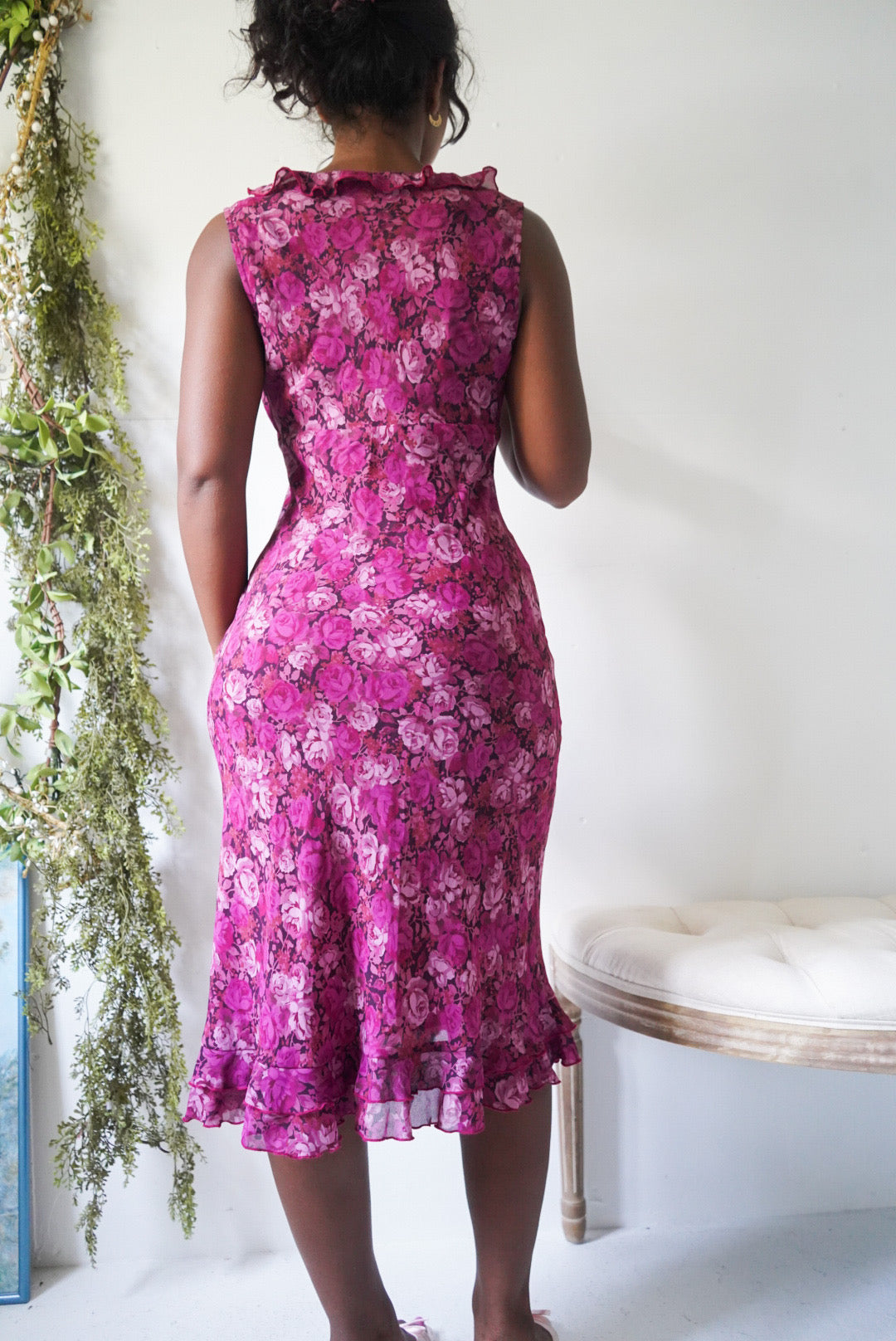 Y2K Pink and Purple Floral Ruffle Detail Midi Dress