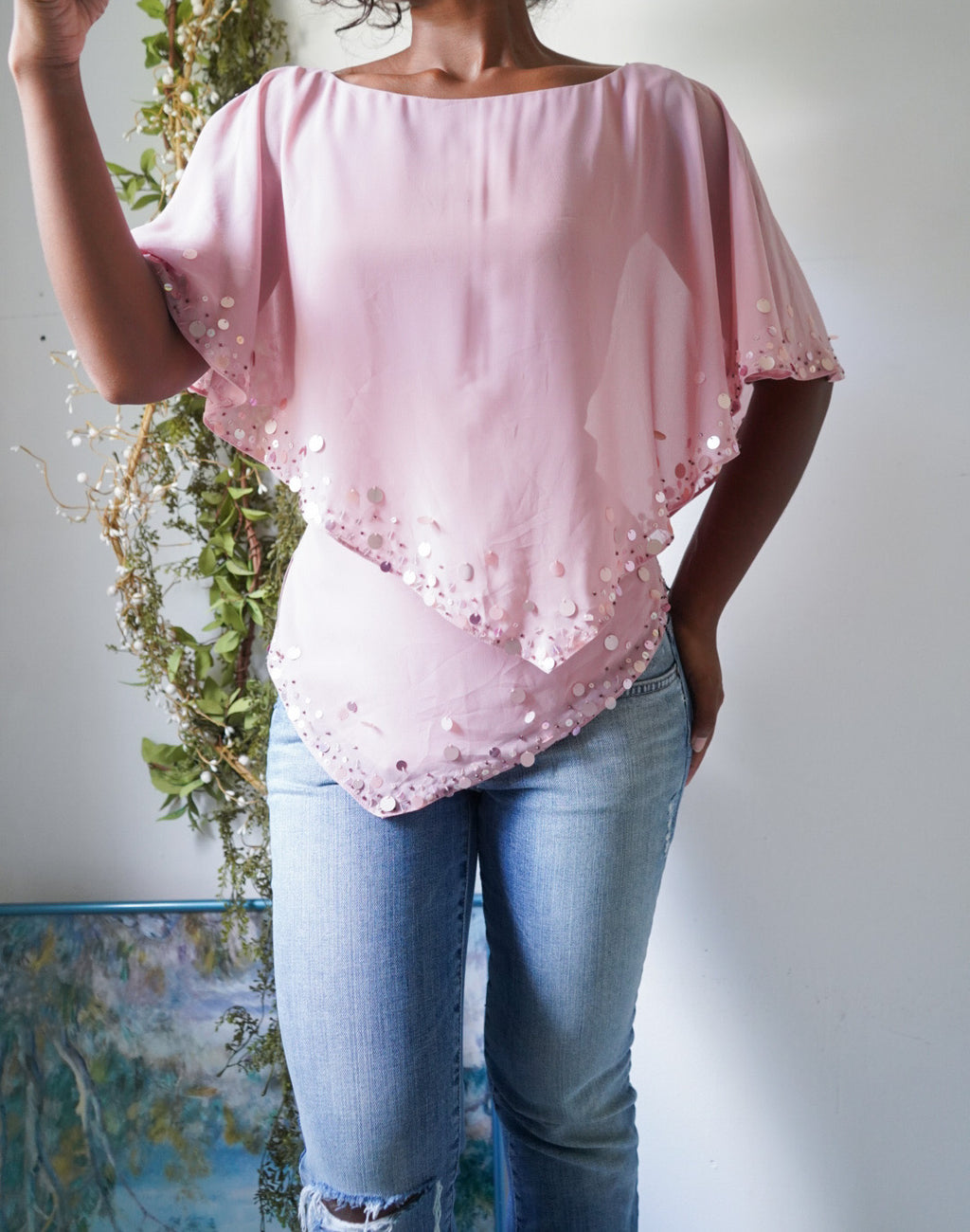 Rare Y2K Blush Pink Sequin Trim Top