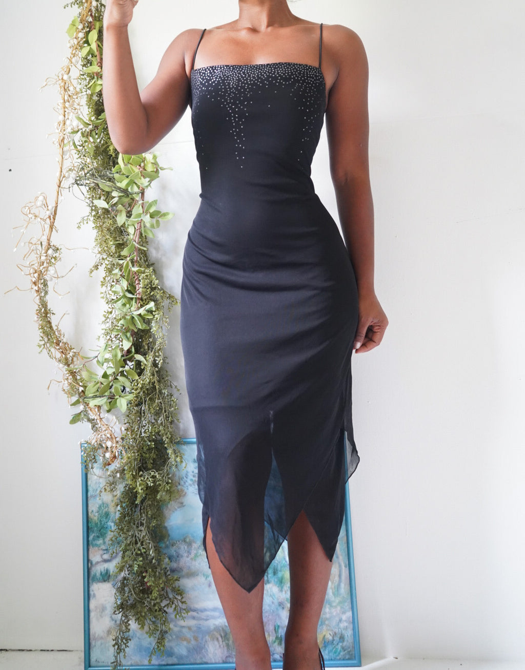 Y2K Glitter Detail Staple Black Midi Dress