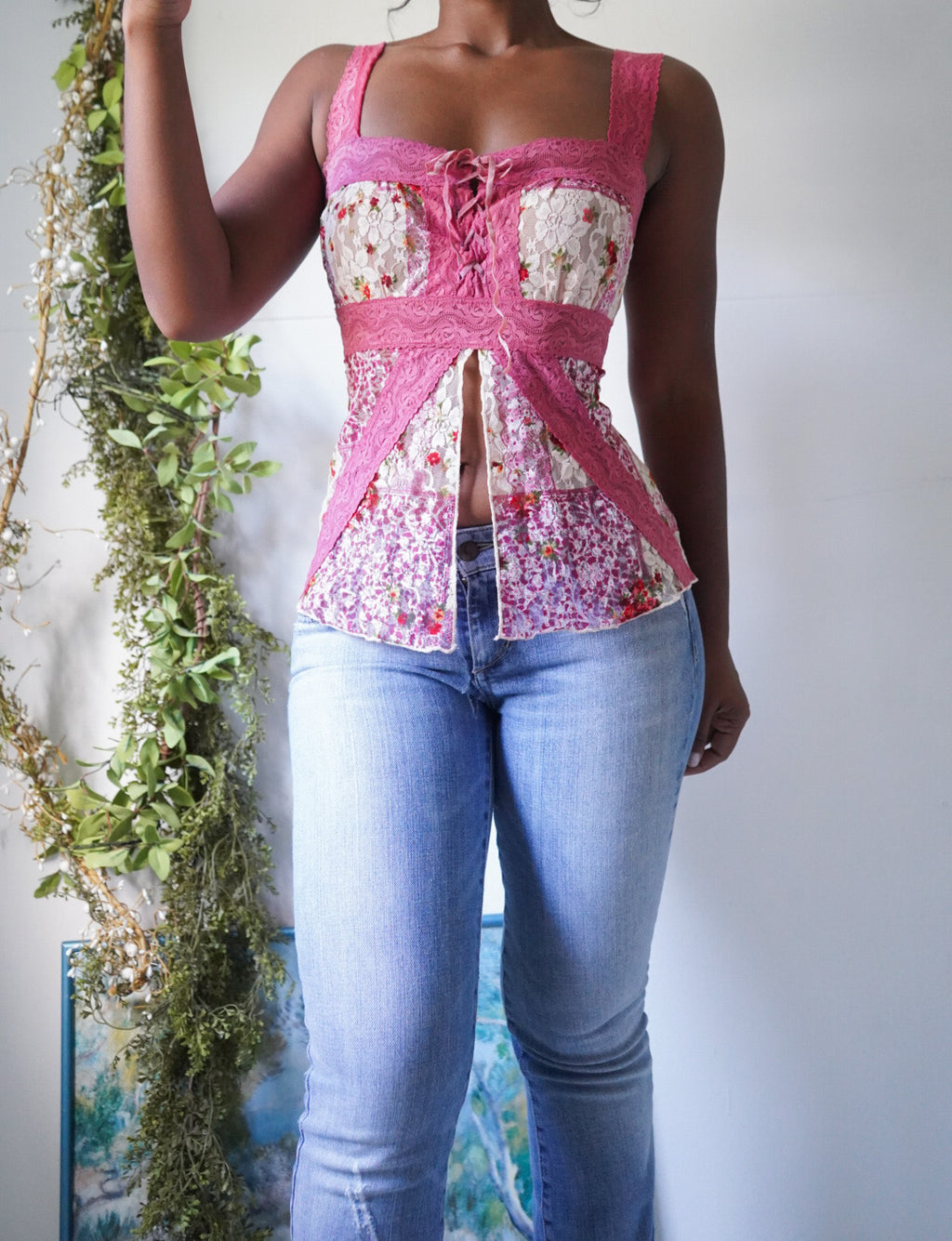 Y2K Patchwork Lace Split Front Cami
