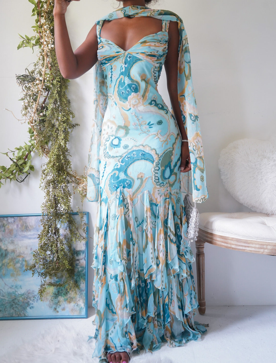Y2K Rare Light Turquoise Silk Paisley Fairy Gown