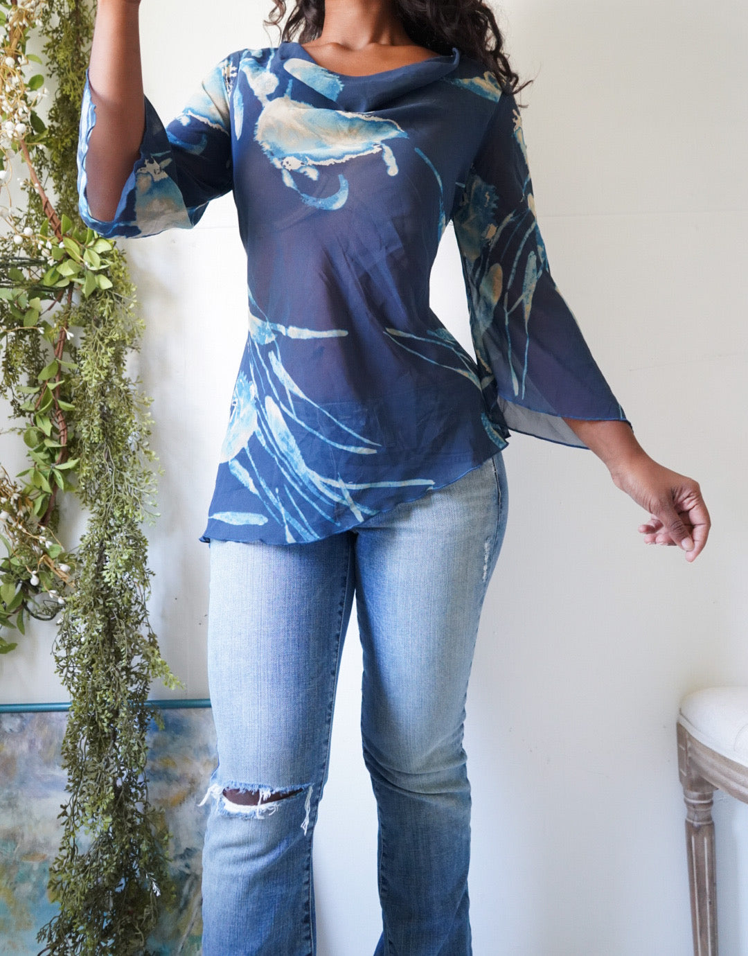 Y2K Cowl Neck Asymmetric Flare Sleeve Top