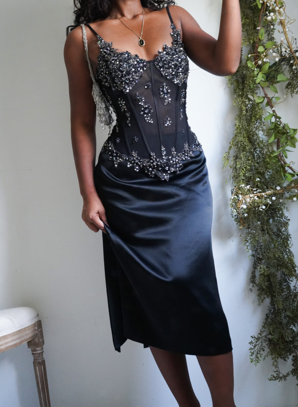 Y2K Beaded Black Corset 2 Piece Set