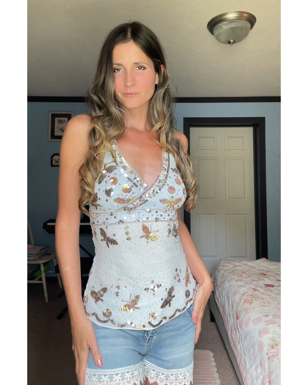 Baby Blue Silk Beaded Butterfly Cami