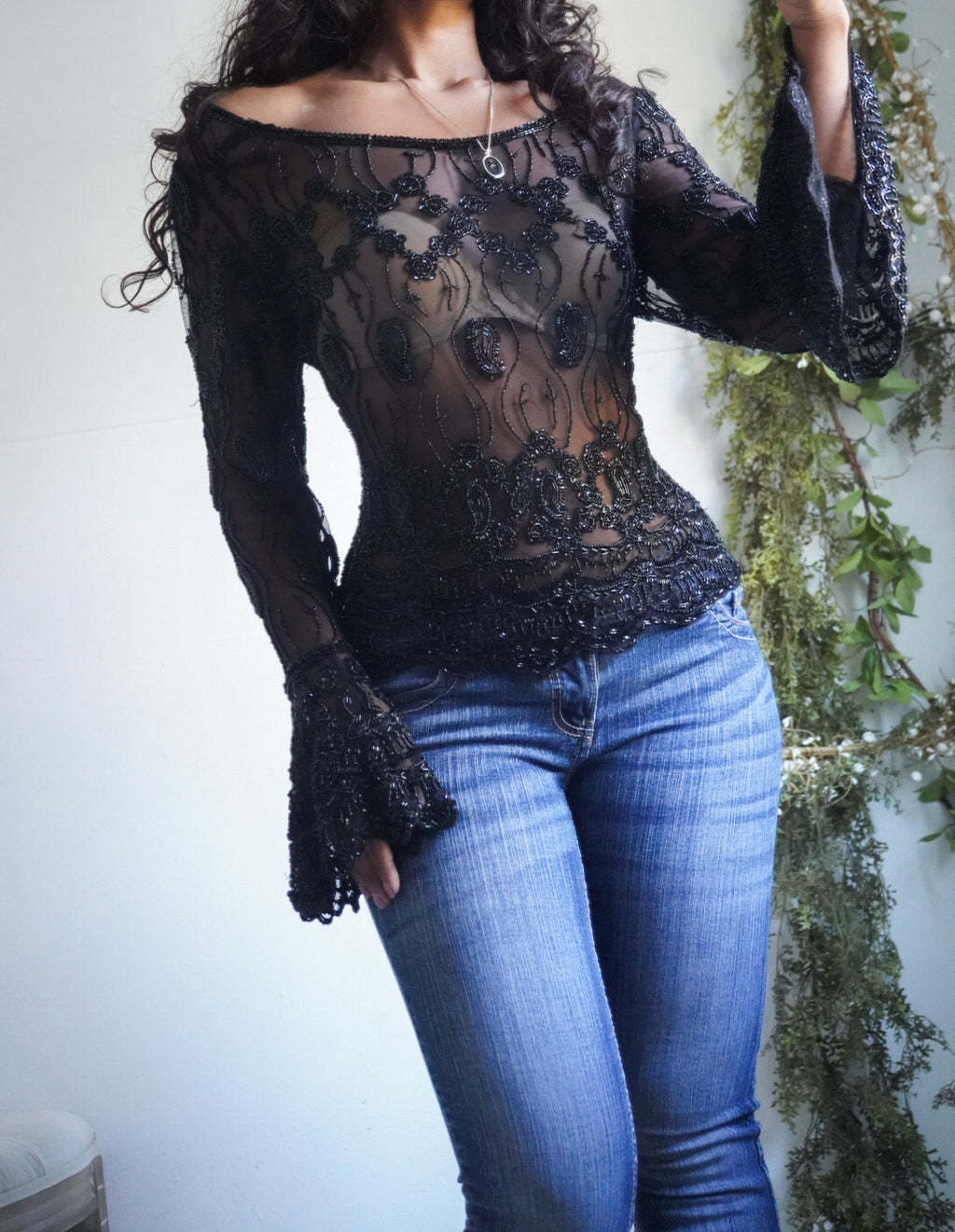 Y2K Fully Beaded Sheer Black Ruffle Sleeve Top