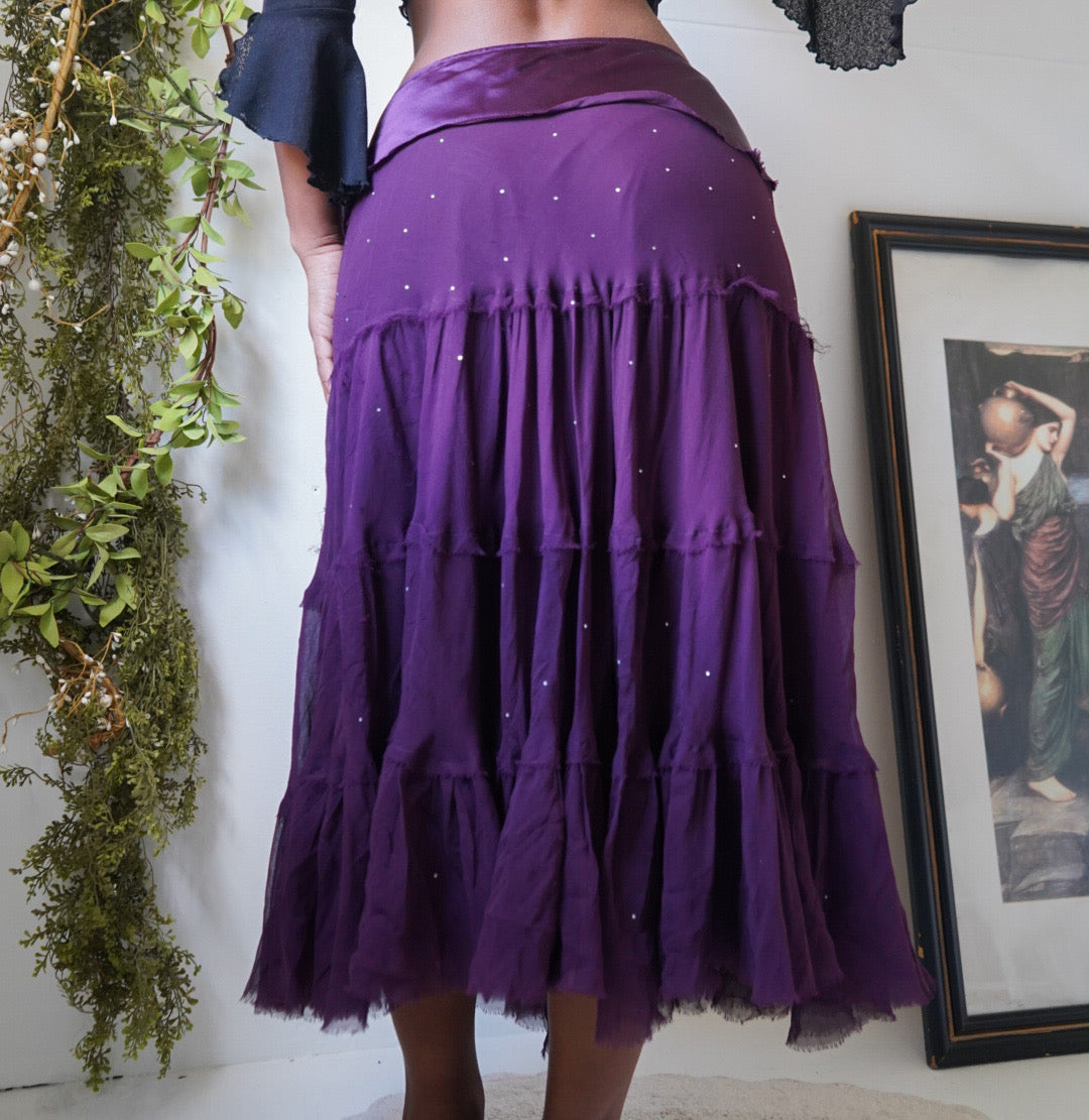 Purple Silk Rhinestone Tiered Boho Skirt