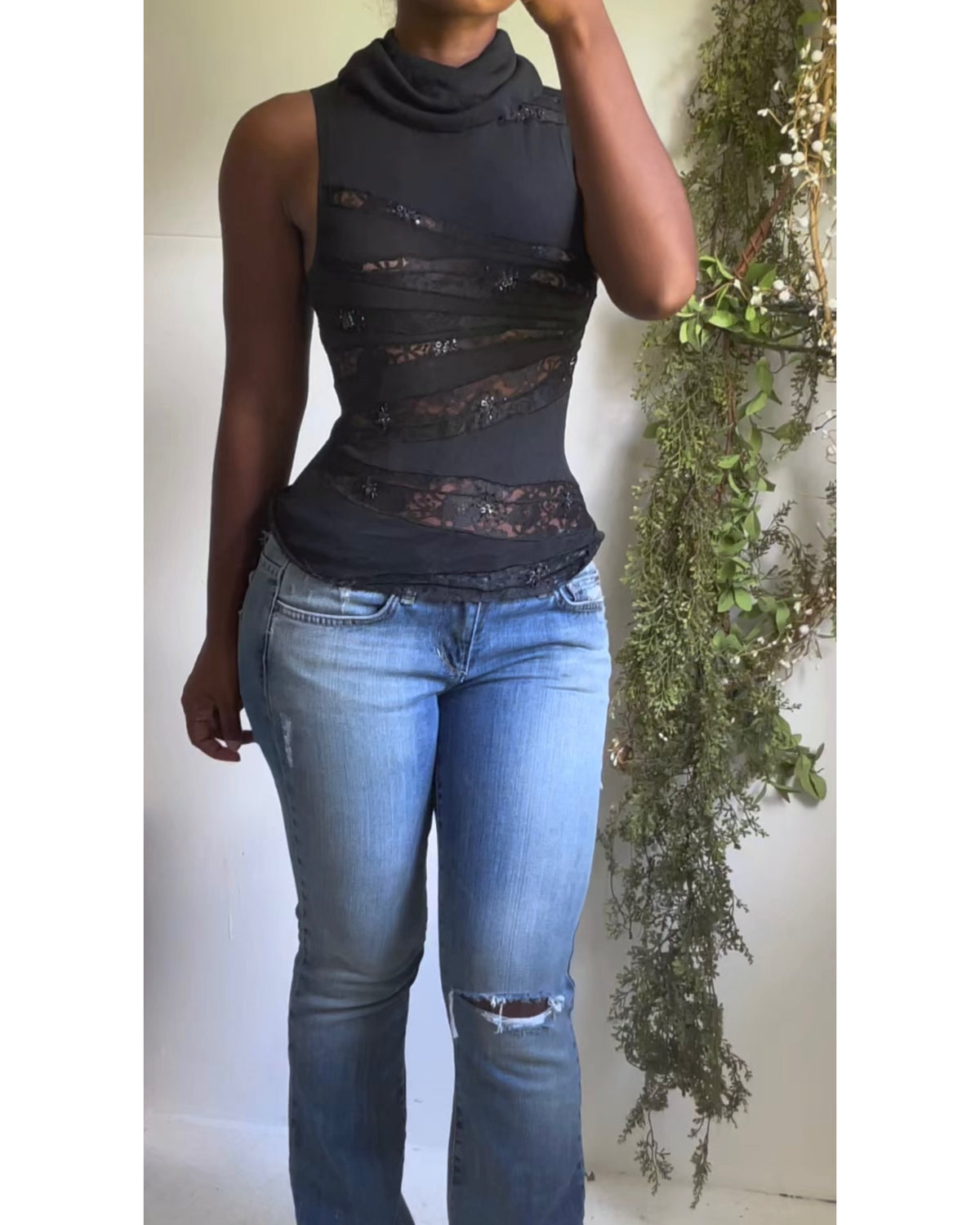 Y2K Beaded Cutout Turtleneck Tank