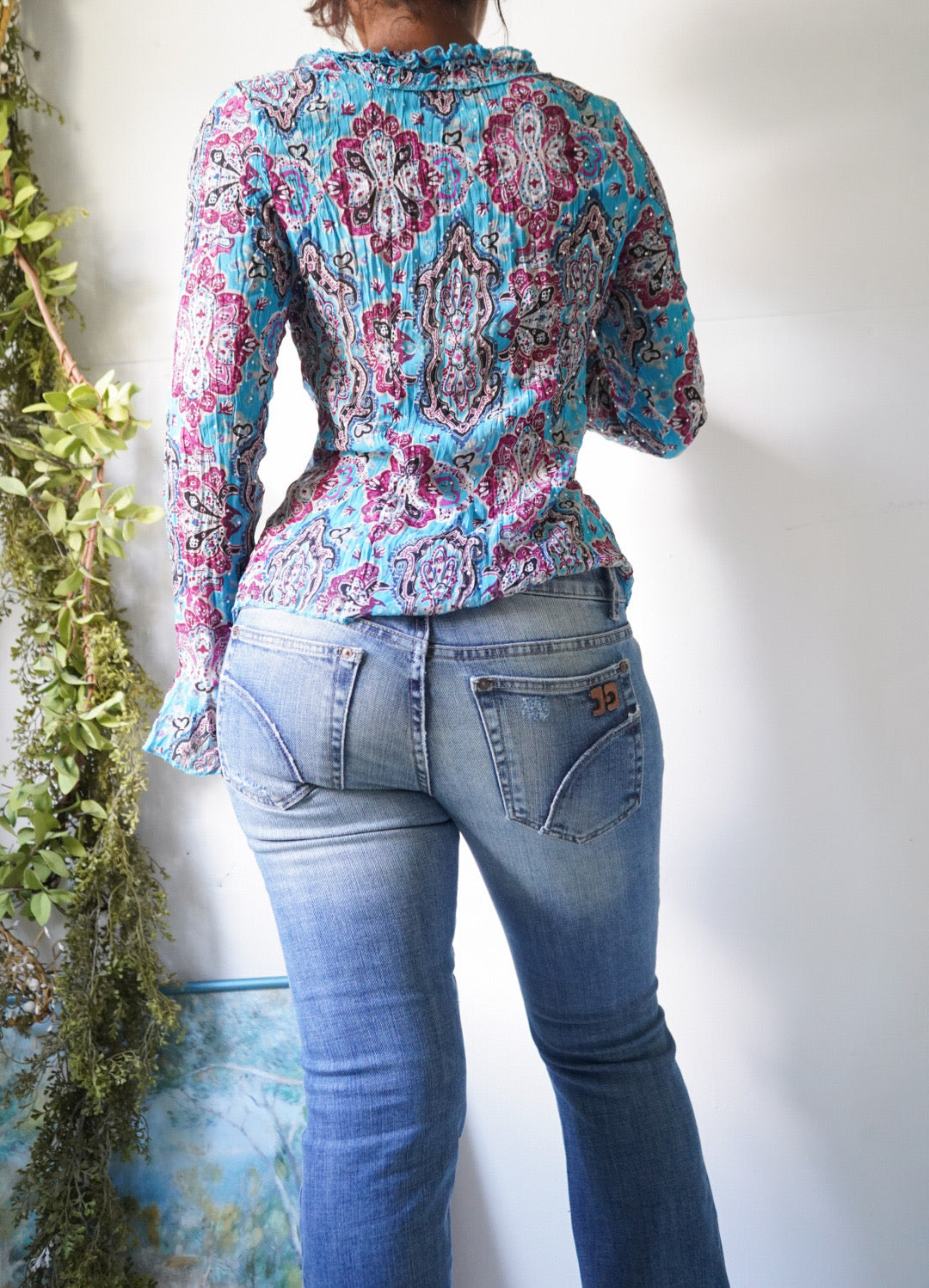 Y2K Sequin Teal Paisley Crinkle Buttondown Top
