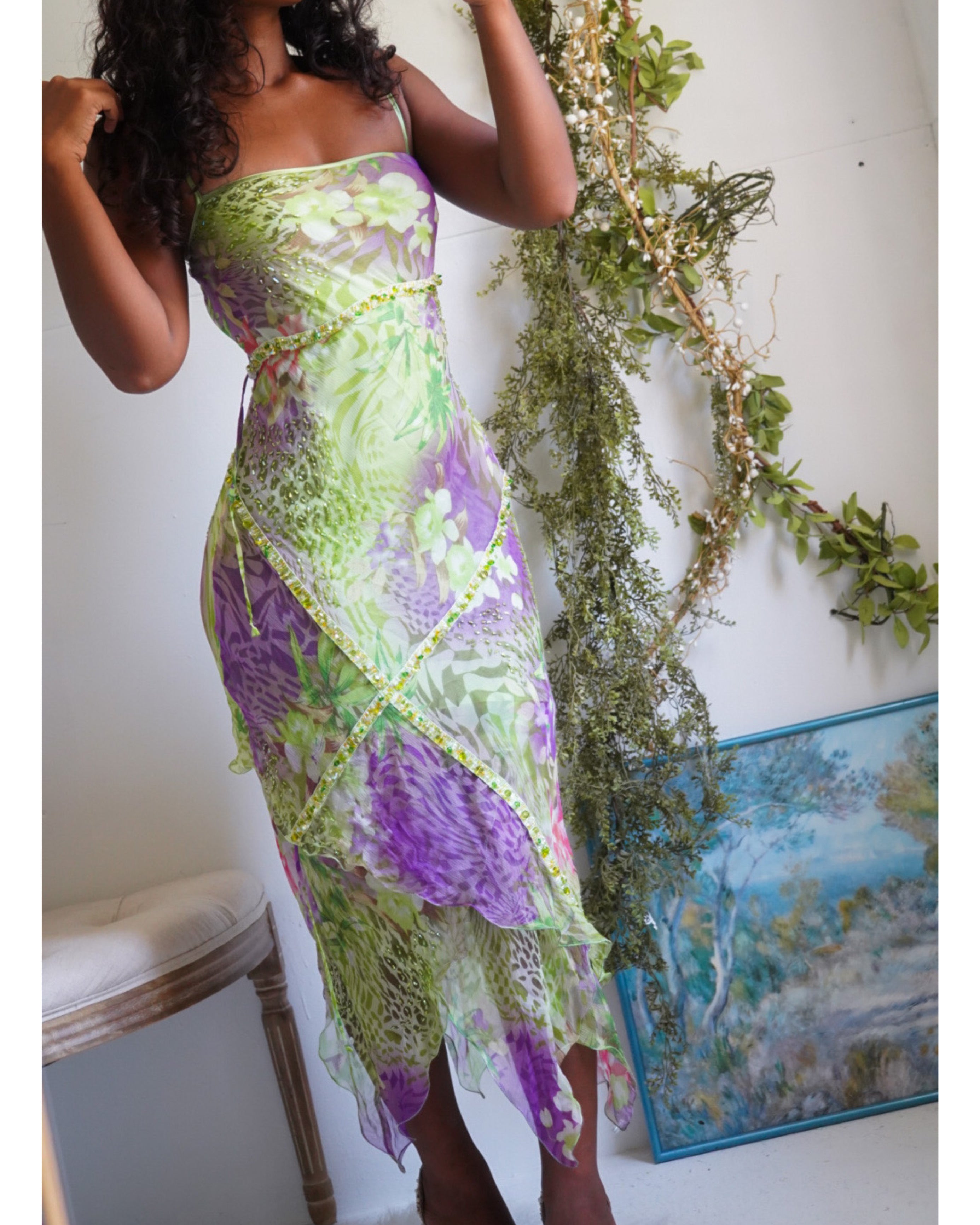 Rare Vintage Y2K Silk Beaded Animal and Floral Print Fairy Dress