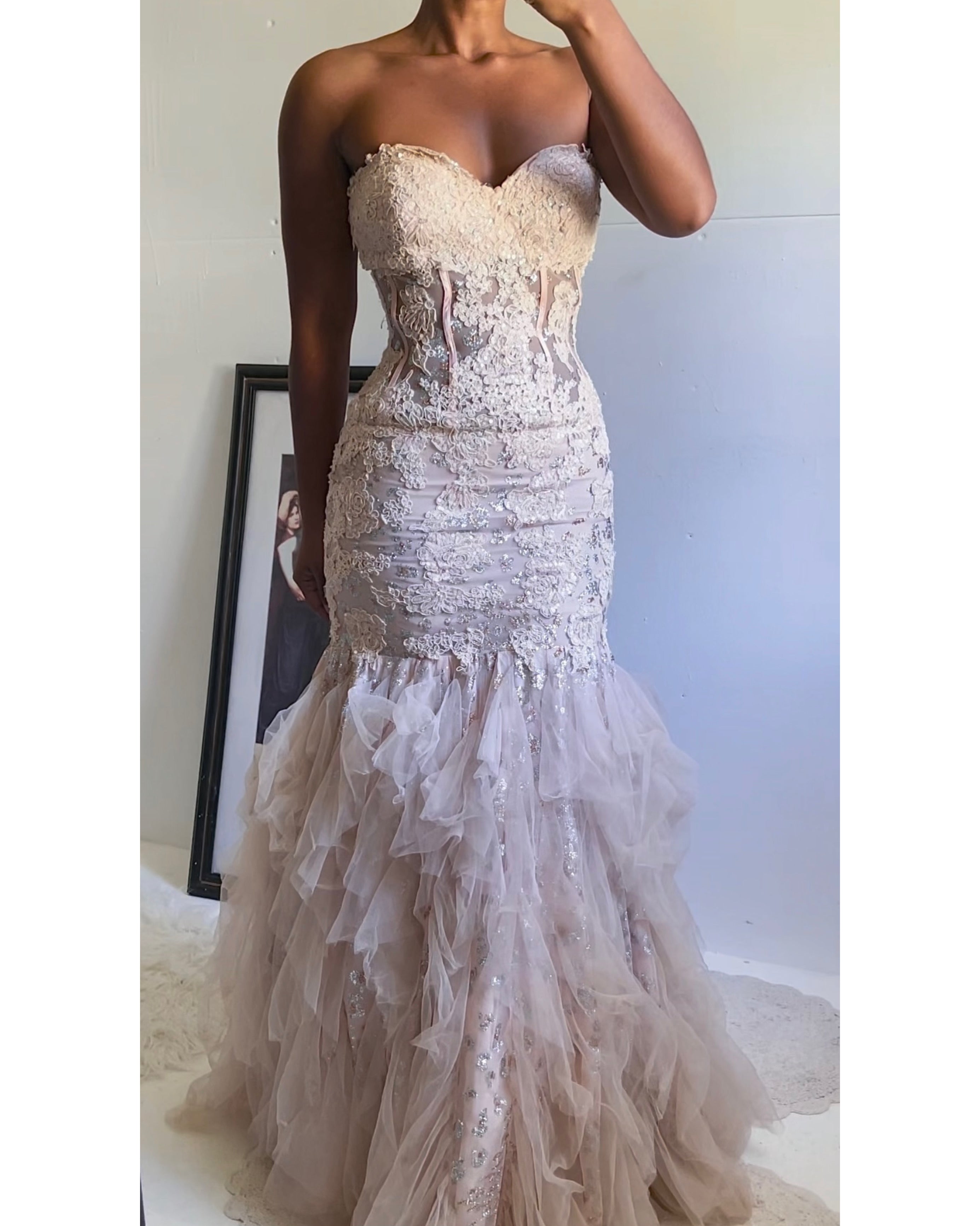 Vintage Y2K Beige Lace Ruffle Hem Corset Gown