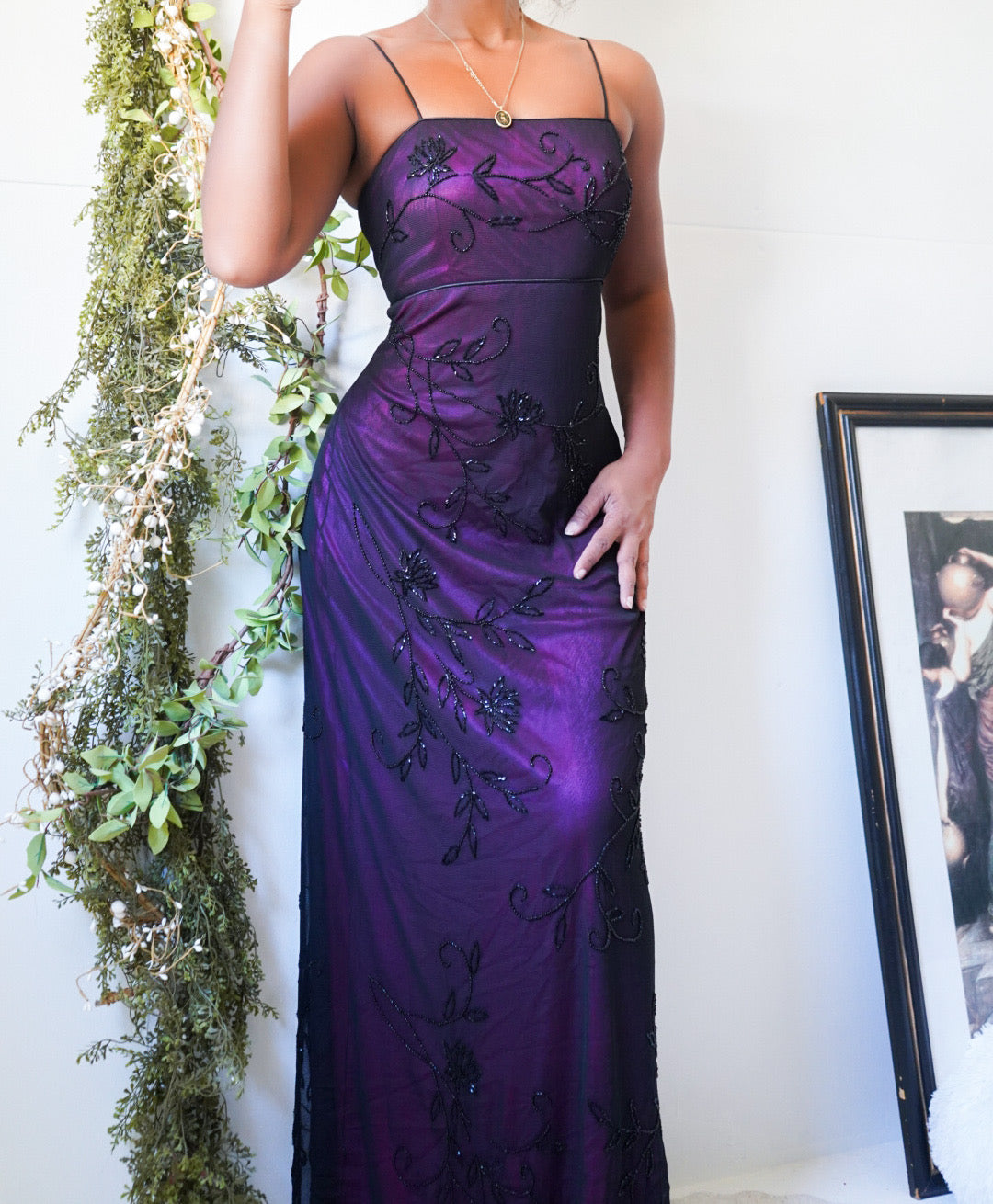 Vintage Black and Purple Layered Beaded Gown