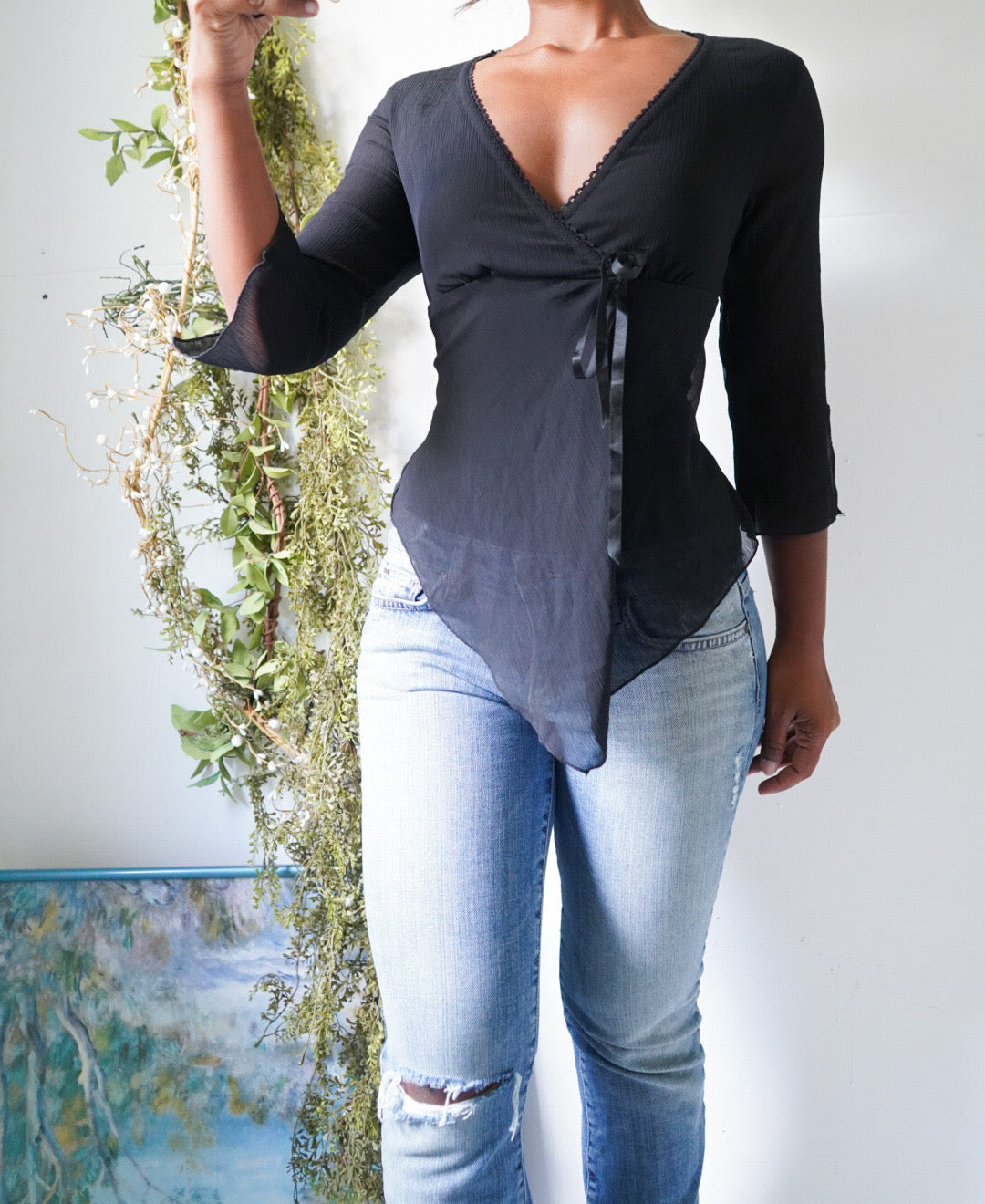 Y2K Layered Split Front Staple Black Top