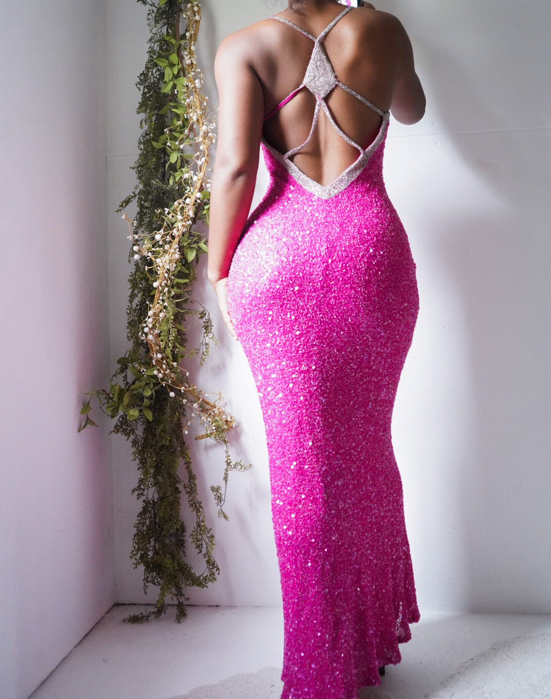 Vintage Y2K Fully Beaded Pink Silk Backless Gown