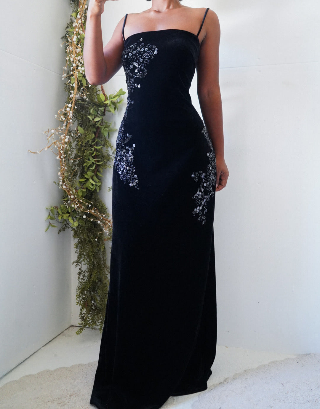 Vintage Y2K Black Velvet Beaded Gown
