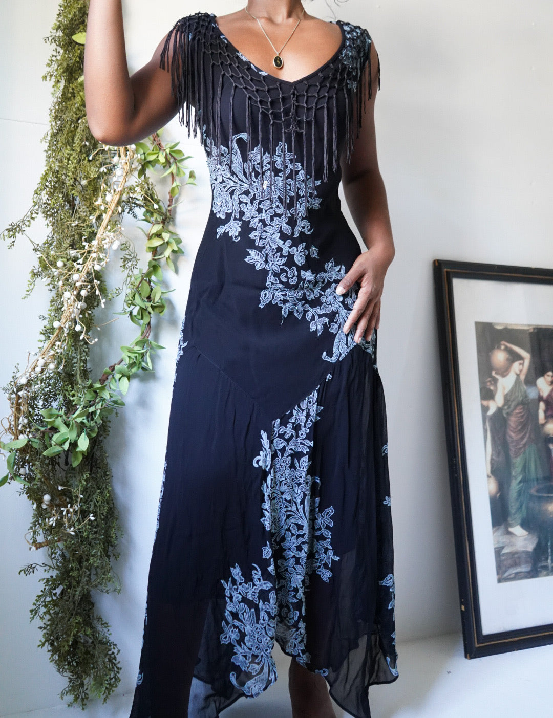 Fringe Neckline Beaded Detail Maxi Fairy Dress