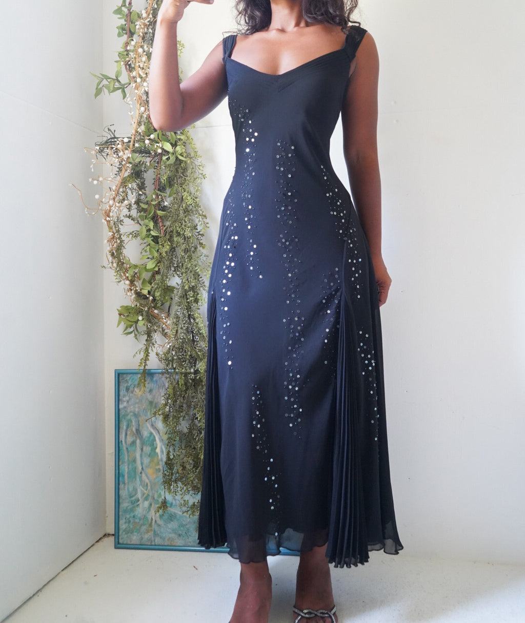Rare Y2K Black Evening Dress with Pleated Godets