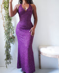 Y2K Purple Glitter Halter Gown