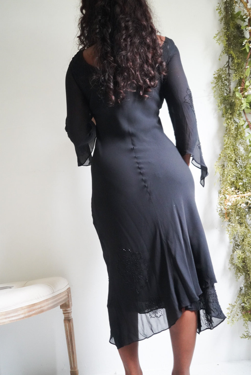 Y2K Beaded Black Silk Flare Sleeve Dress