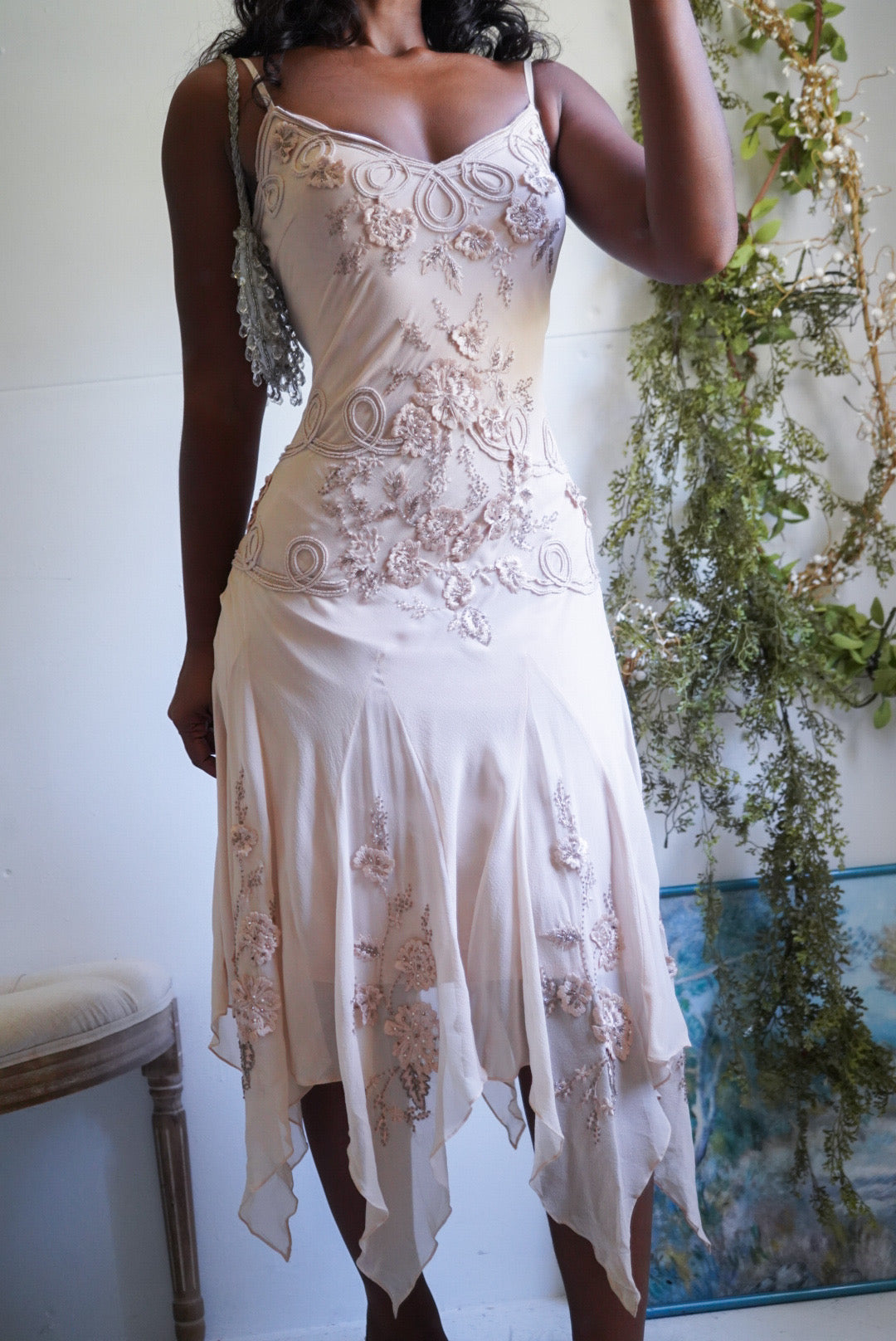 Y2K Light Blush Nude Fairy Hem Beaded Silk Dress