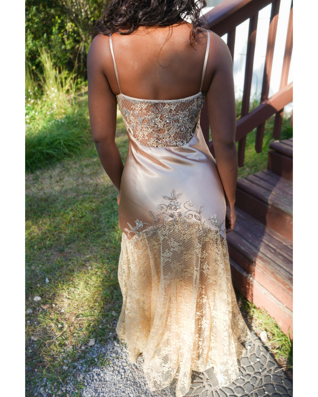 Champagne Gold Lace and Satin Beaded Gown (Pre-Order)