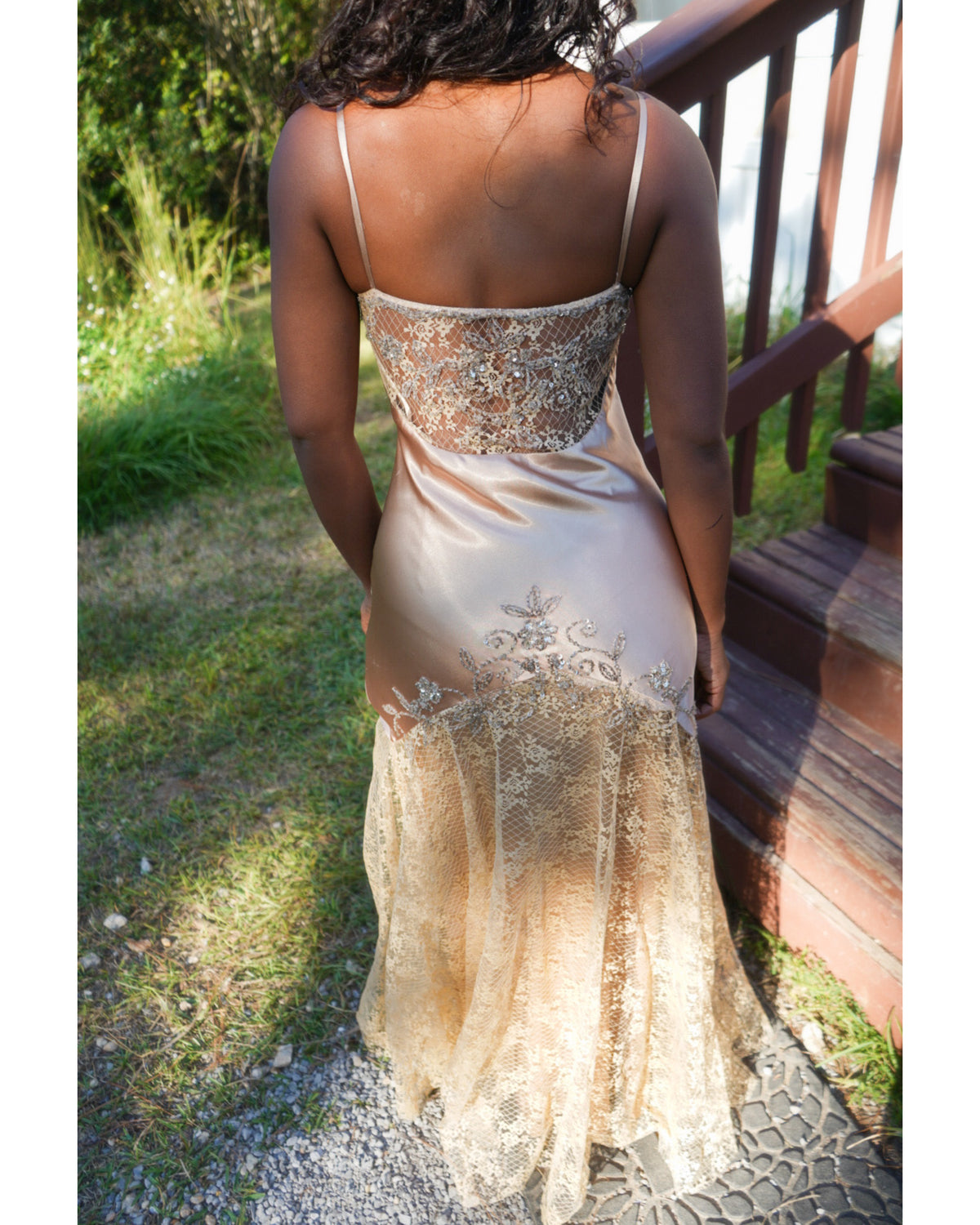 Champagne Gold Lace and Satin Beaded Gown (Pre-Order)
