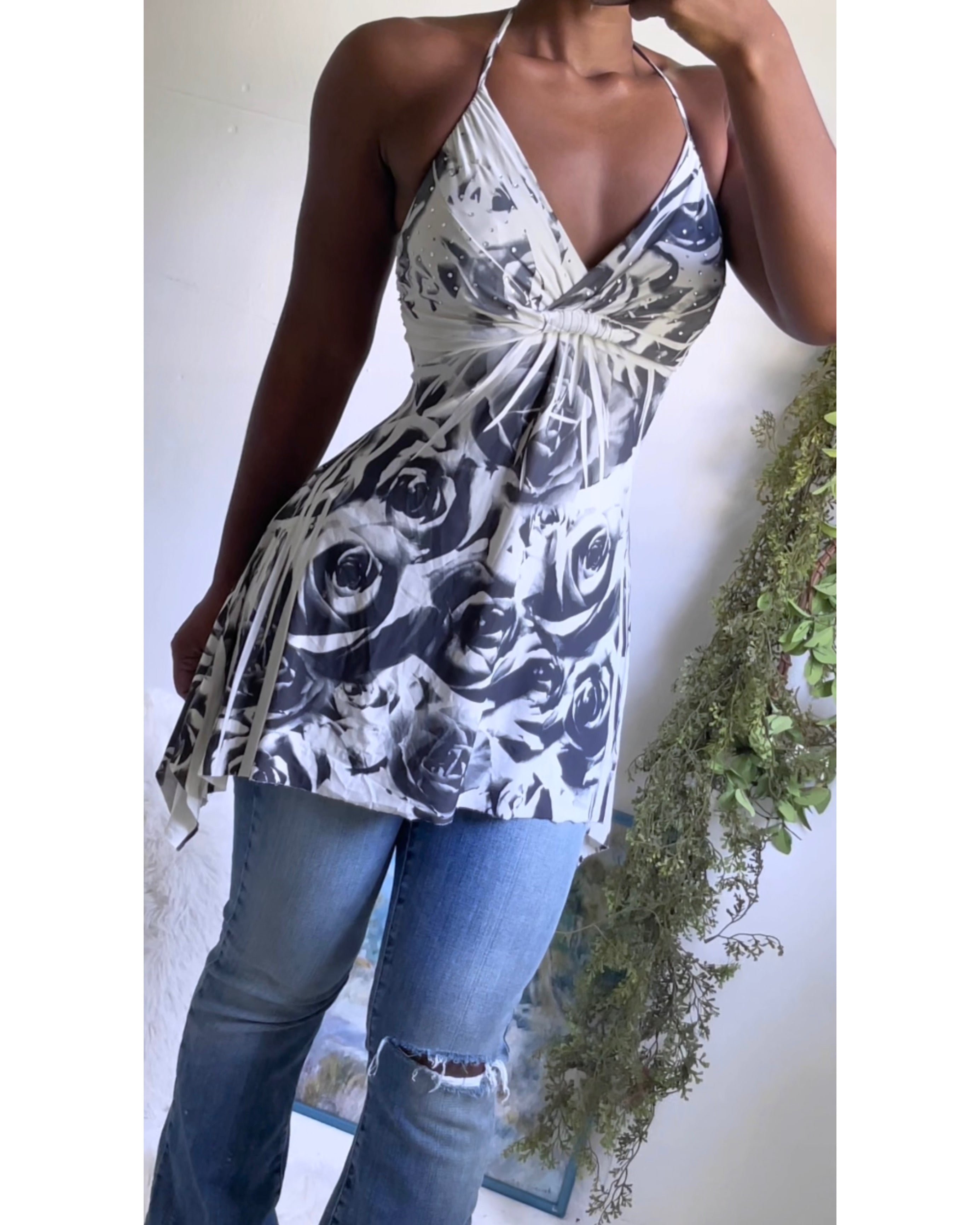Y2K Monochrome Rose Fairy Halter Top