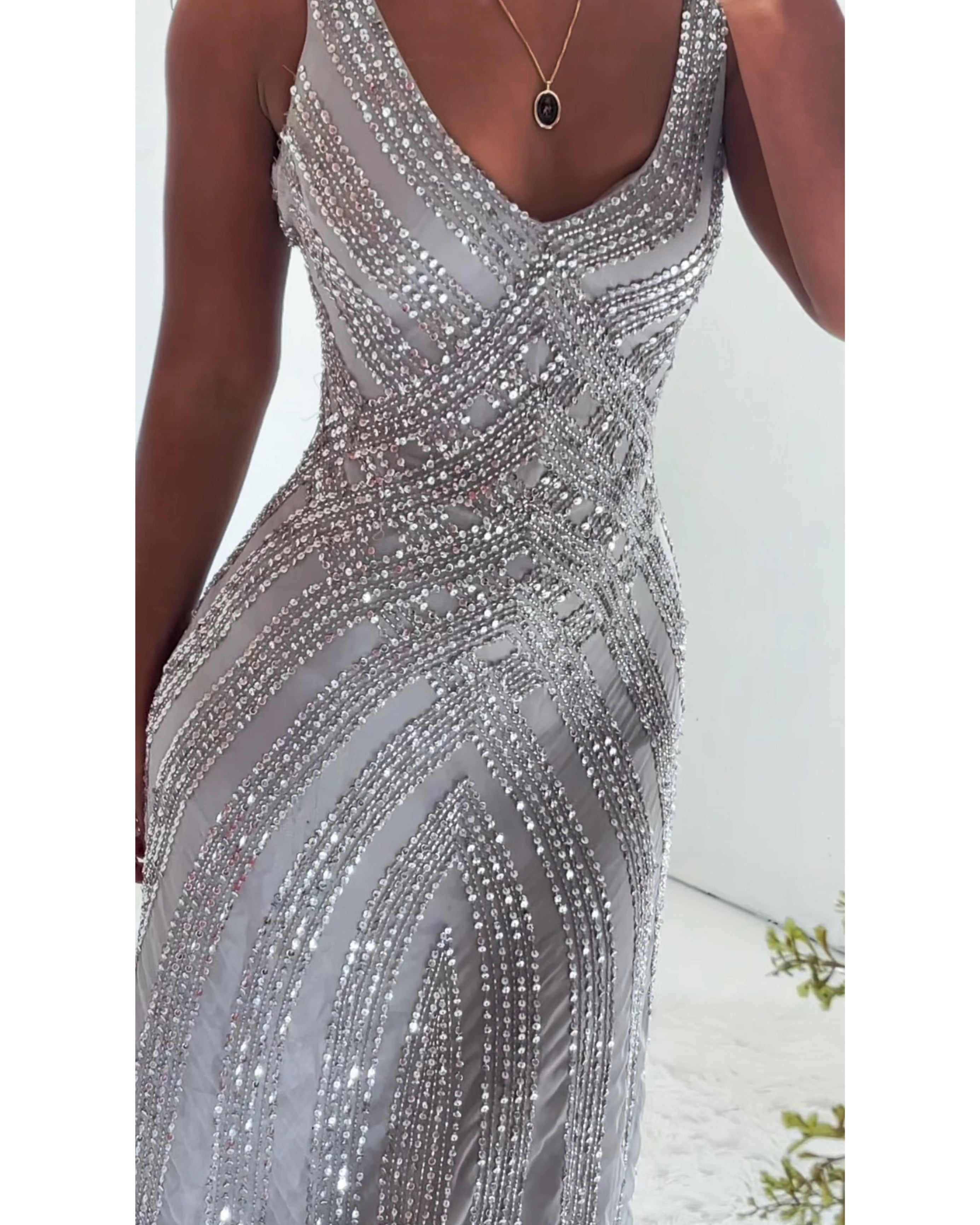 Silver Sequin Beaded Y2K Silk Gown
