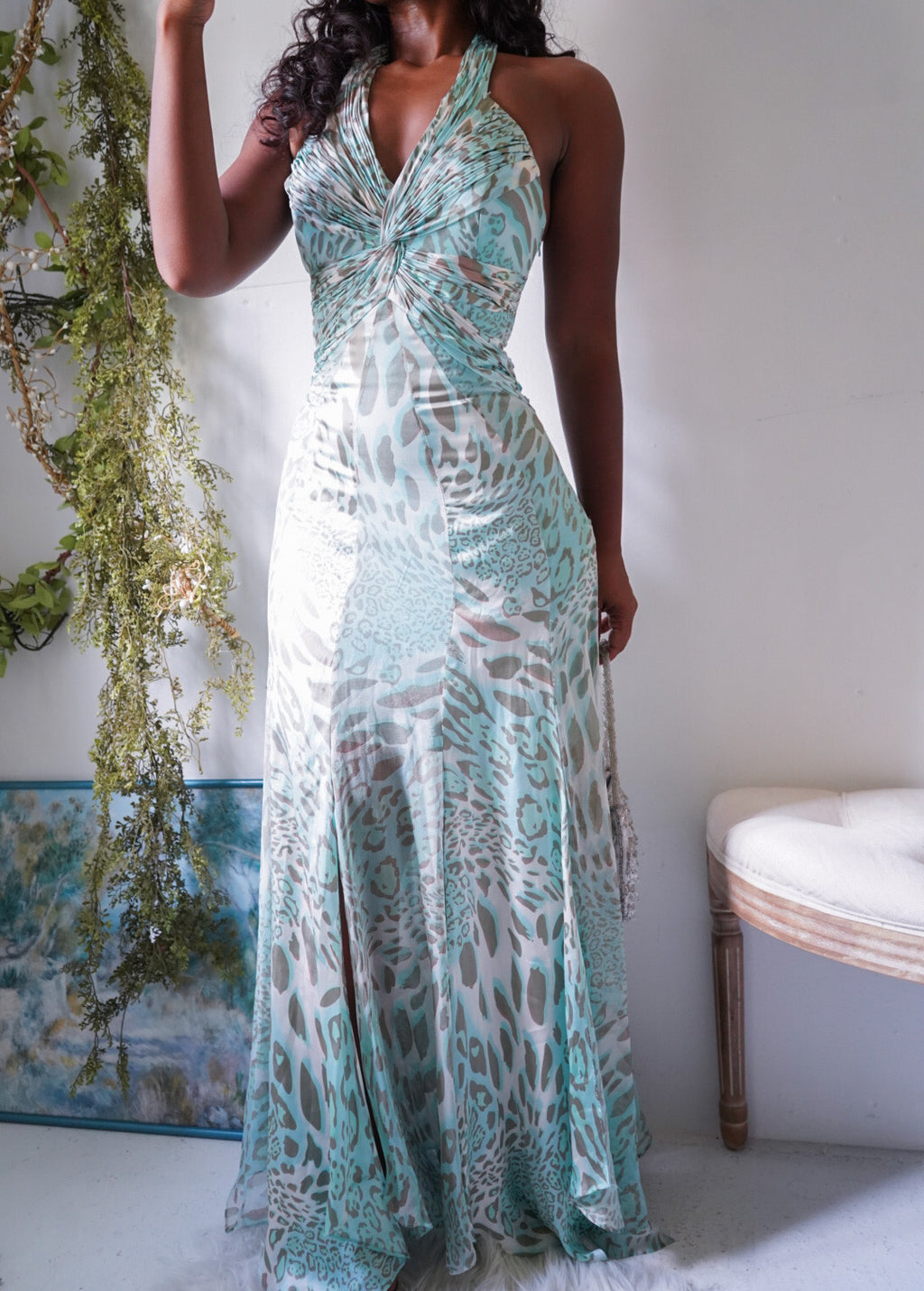 Rare Y2K Pastel Blue Leopard Print Halter Silk Gown