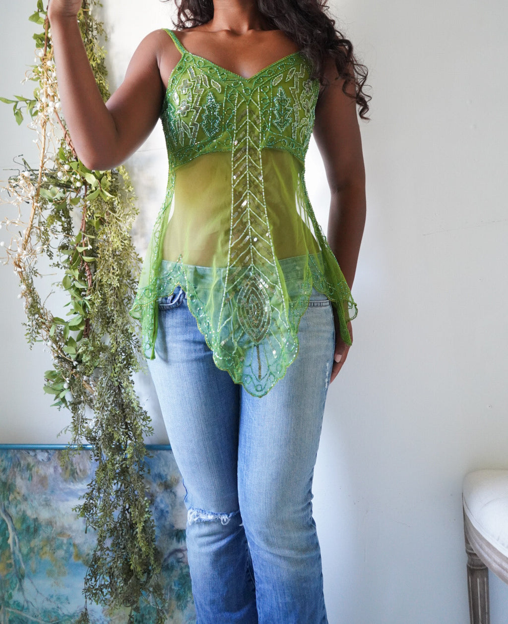 Handmade Beaded Bright Forest Green Fairy Top