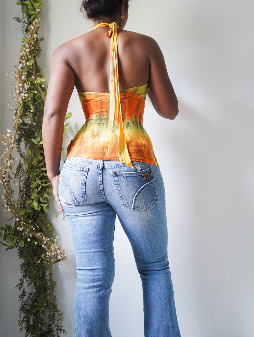 Abstract Tropical Halter Ruffle Neckline Top