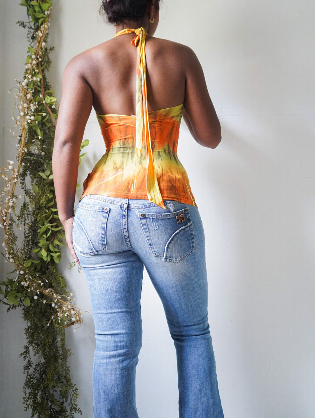 Abstract Tropical Halter Ruffle Neckline Top