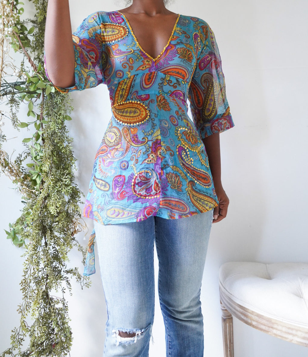 Y2K Boho Paisley Tie Back Top with Gold Sequins