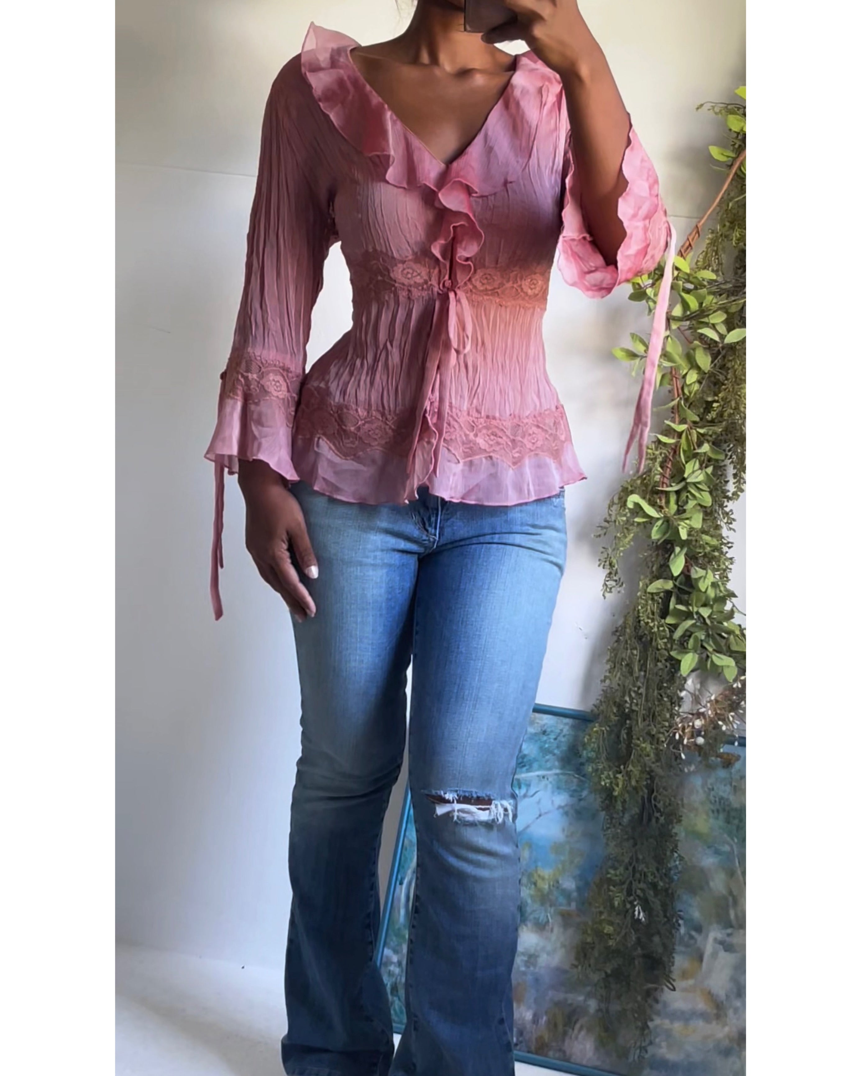 Y2K Iridescent Mauve Fairy Ruffle Top