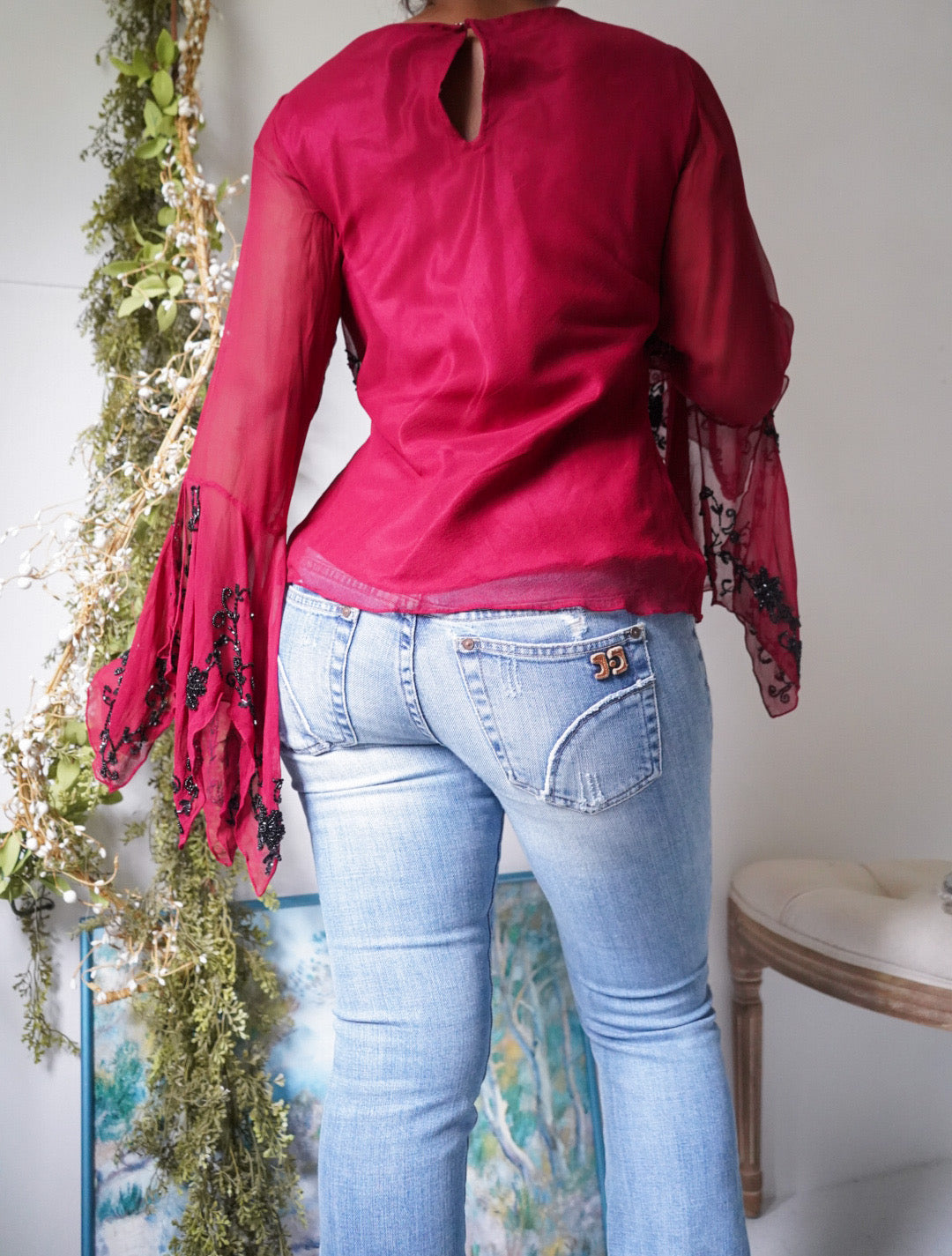 Rare Vintage Y2K Crimson Silk Beaded Flare Sleeve Top