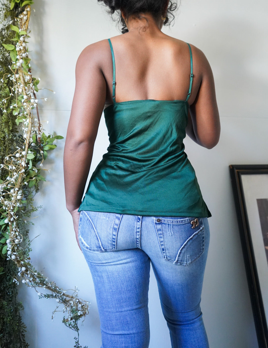 Y2K Dark Green Gold Trim Detail Cami