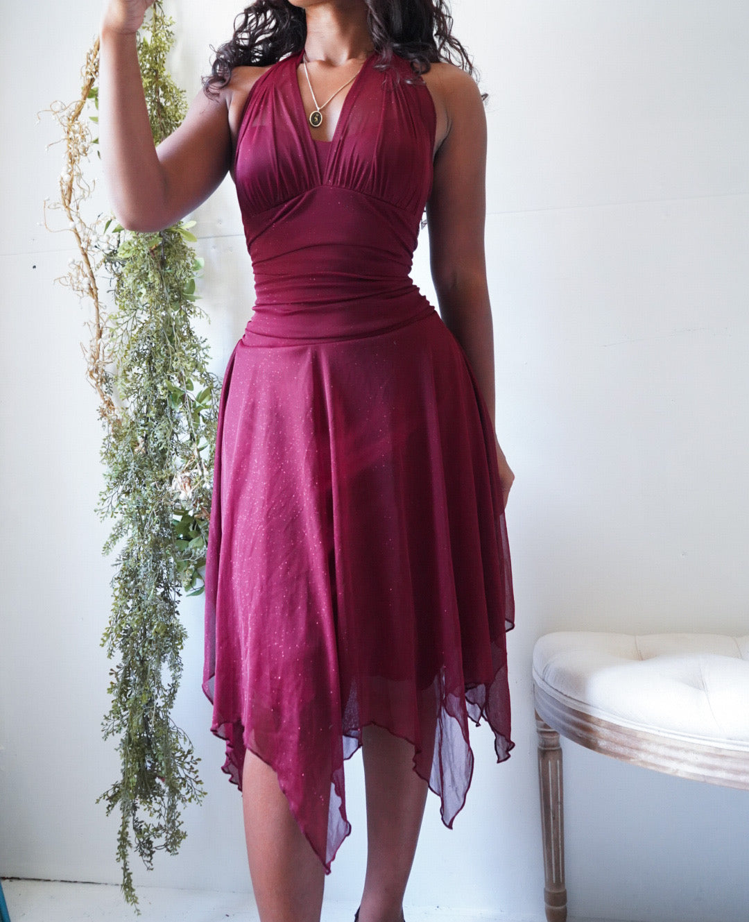 Y2K Wine Glitter Fairy Halter Dress