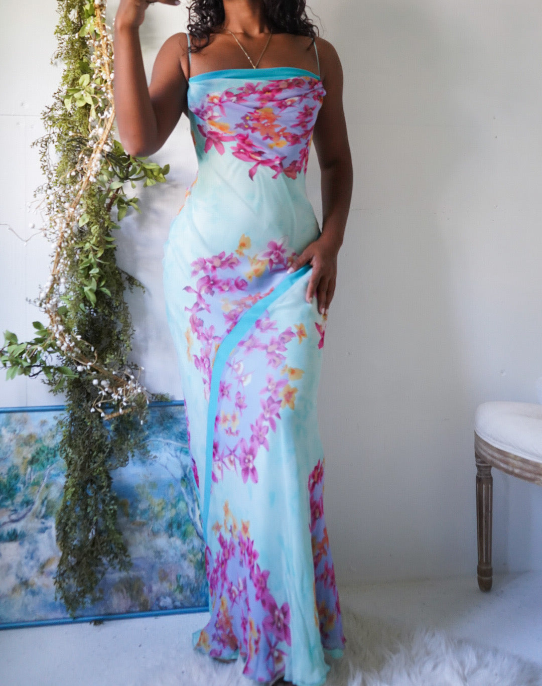 Vintage Y2K Romantic Light Turquoise Floral 2 Piece Gown