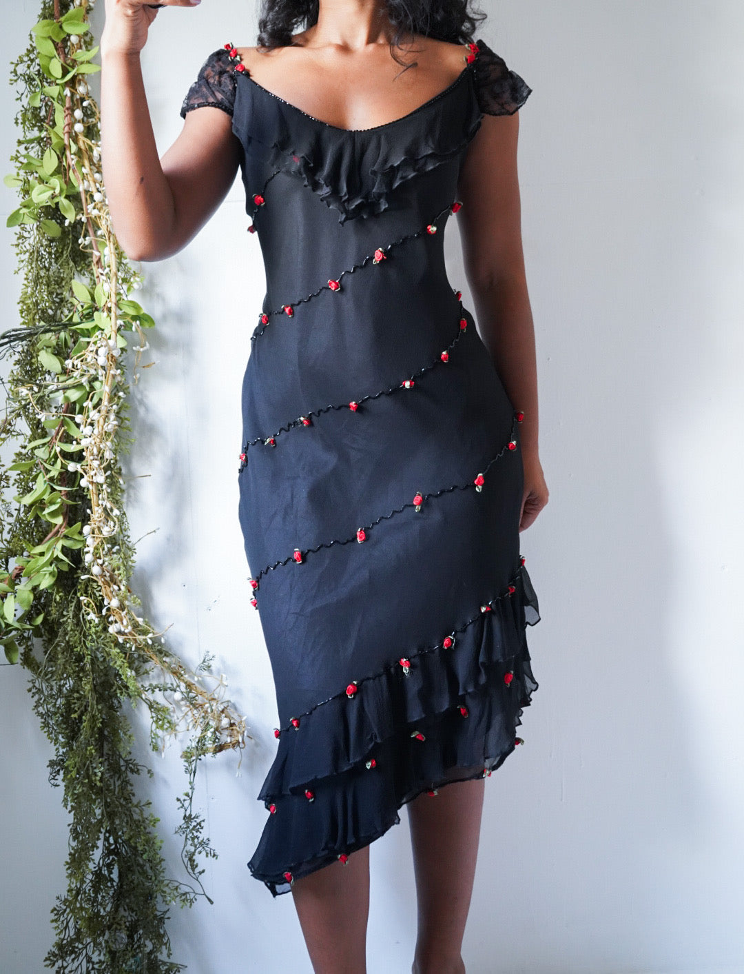 Black Beaded Silk Rosette Dress