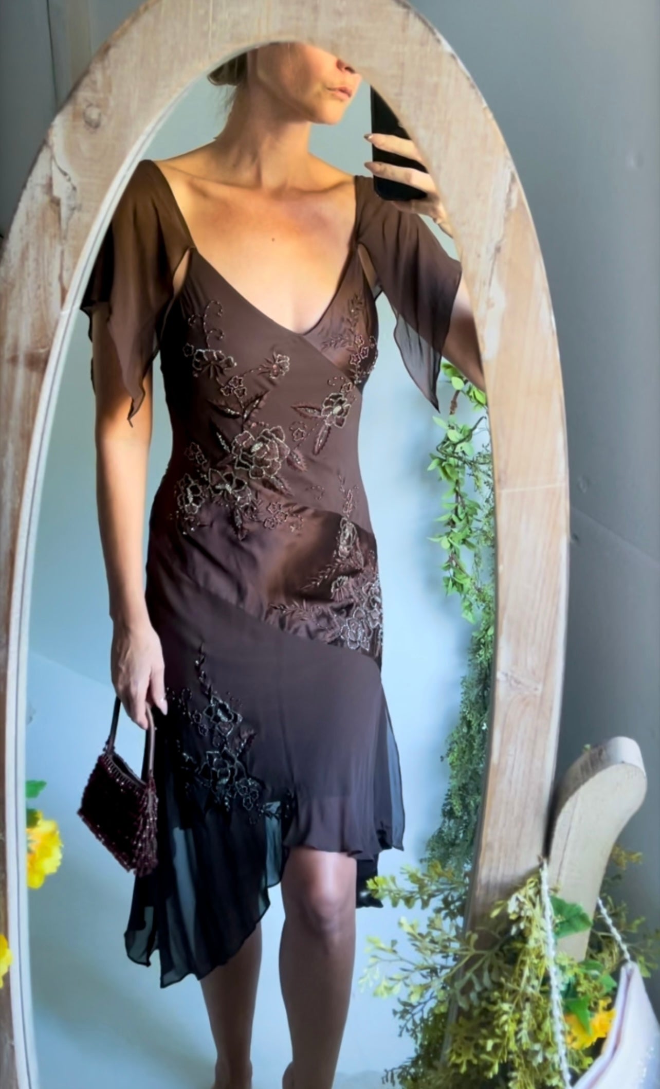 Vintage Rare Y2K Brown Beaded Silk Fairy Dress