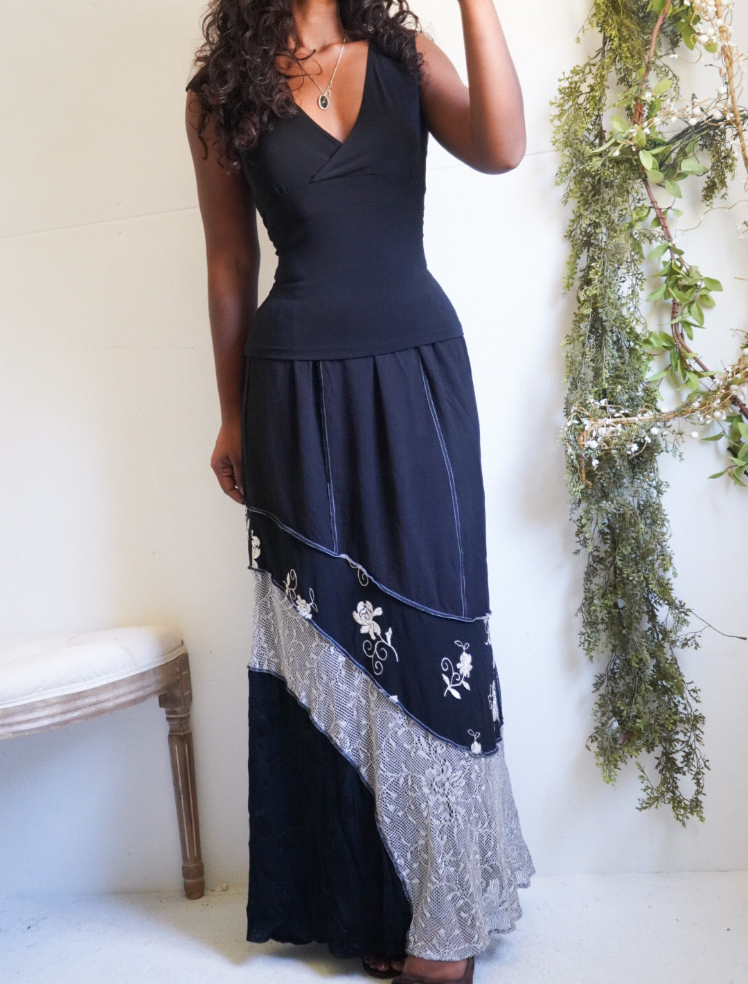 Y2K Lace and Floral Patchwork Hem Maxi Skirt