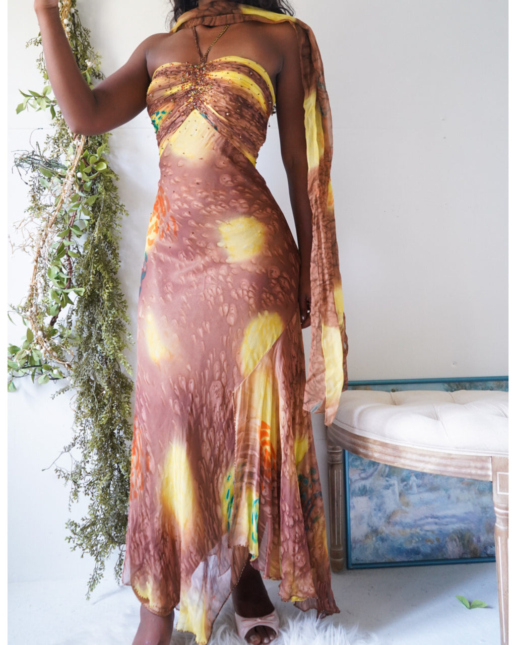 Rare Vintage Y2K Brown Abstract Silk Fairy Gown
