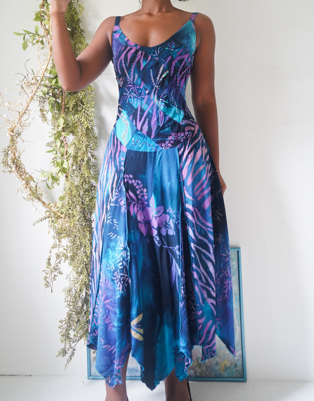 Y2K Beaded Tropical Boho Midi Dress