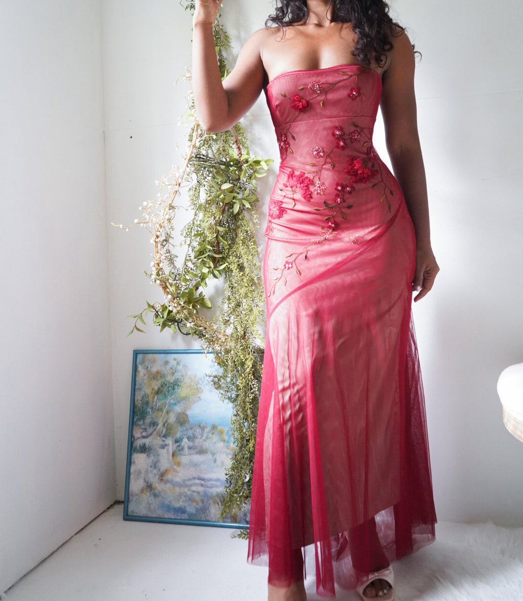 Y2K Red Layered Strapless Tulle Beaded Gown