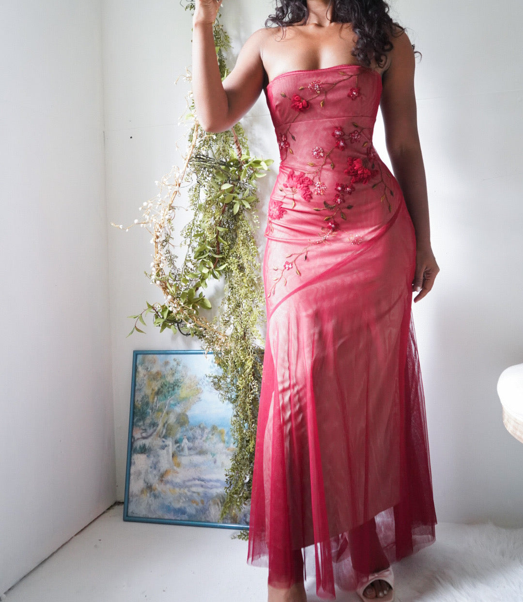 Y2K Red Layered Strapless Tulle Beaded Gown